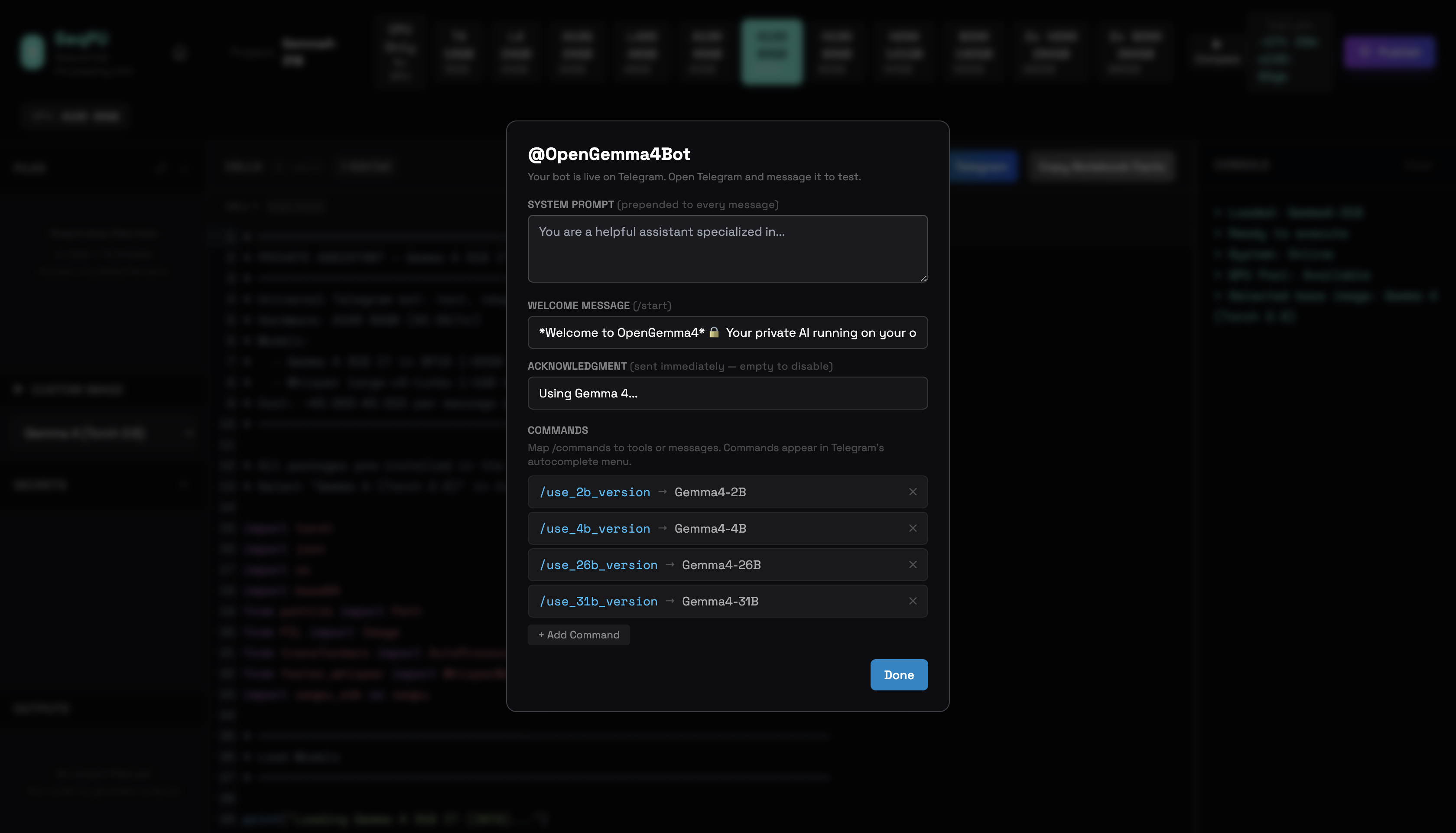 OpenGemma4Bot configuration showing four model commands mapped