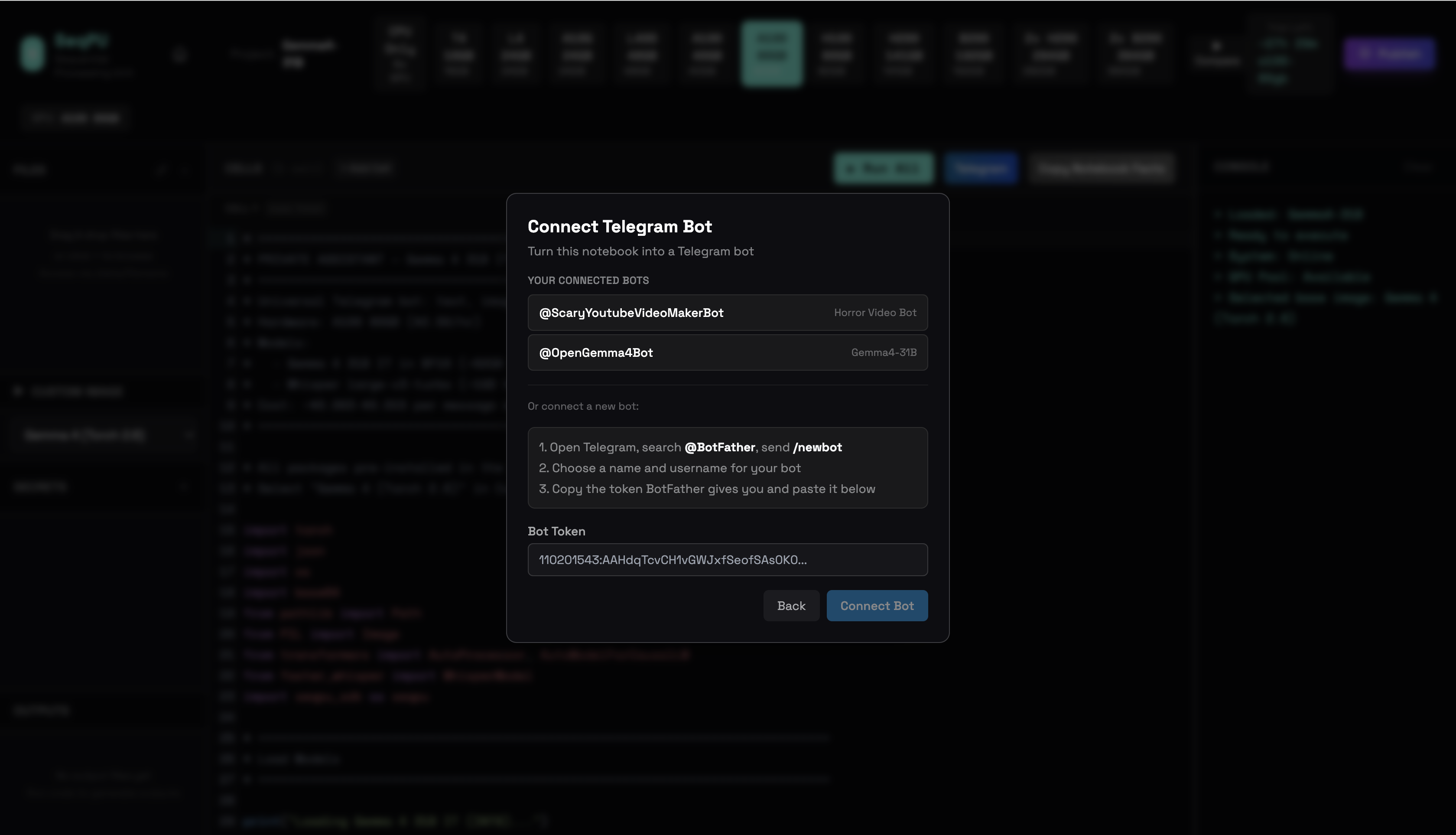 Connect Telegram Bot modal showing BotFather instructions