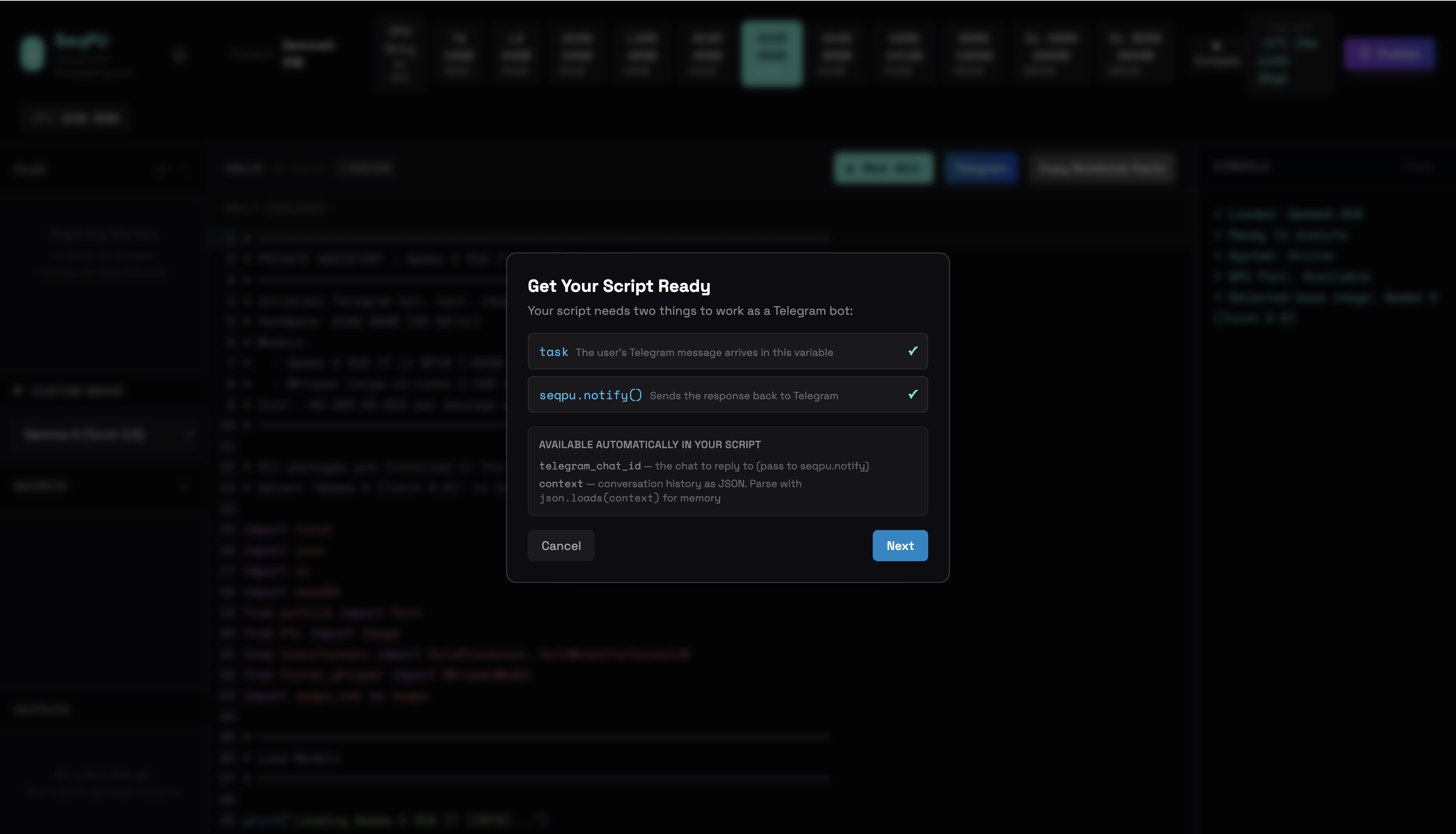 Get Your Script Ready modal showing two green checkmarks