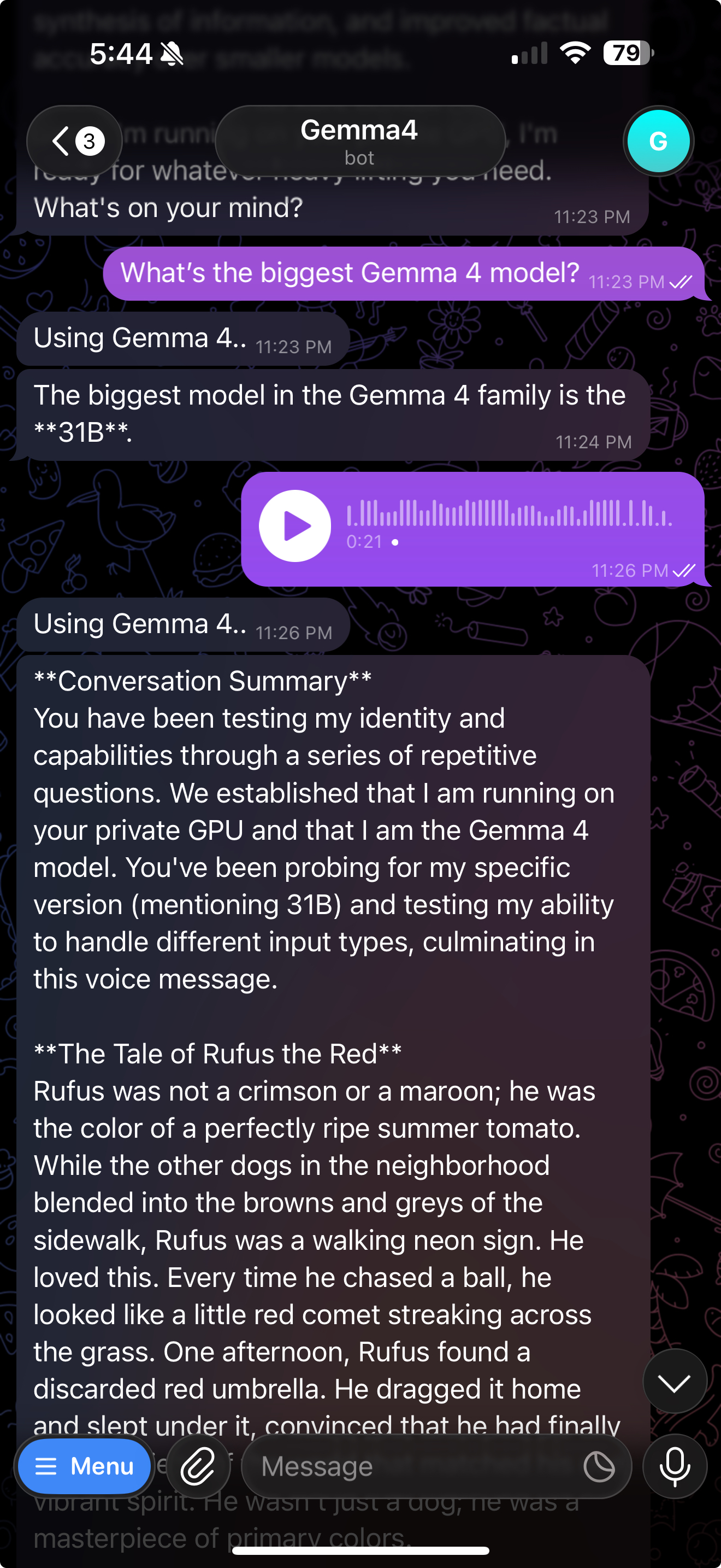 Real Telegram conversation with OpenGemma4Bot